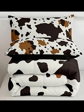 3pc Cowhide Print Comforter Set in White and Brown